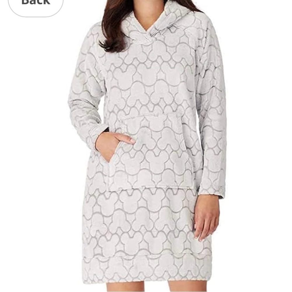 Disney Mickey Mouse Fleece Hooded Sleep Shirt Lounge Dress Pajama Grey Large